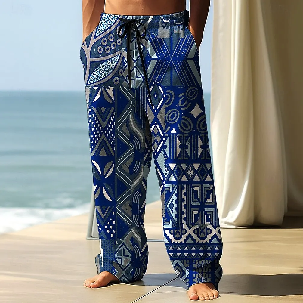 Pantalones étnicos geométricos para hombre, pantalones de cintura media con cordón, cintura elástica, pantalones informales de pierna ancha para exteriores, otoño 2025