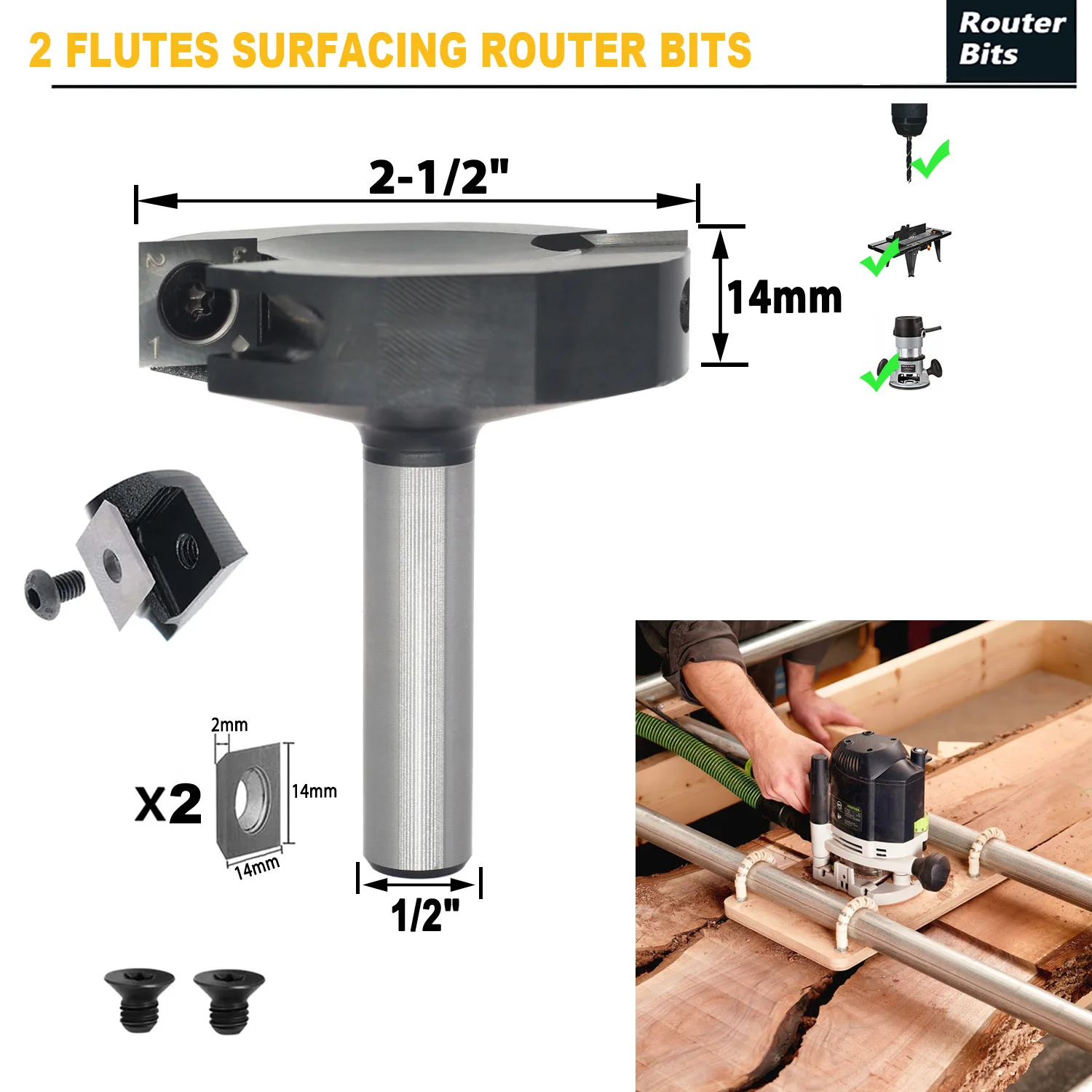 Spoilboard Surfacing Router Bits 2 Wing Design Flattening&Rabbeting Planing Milling Cutter Surface Planer ODM/OEM 1/2