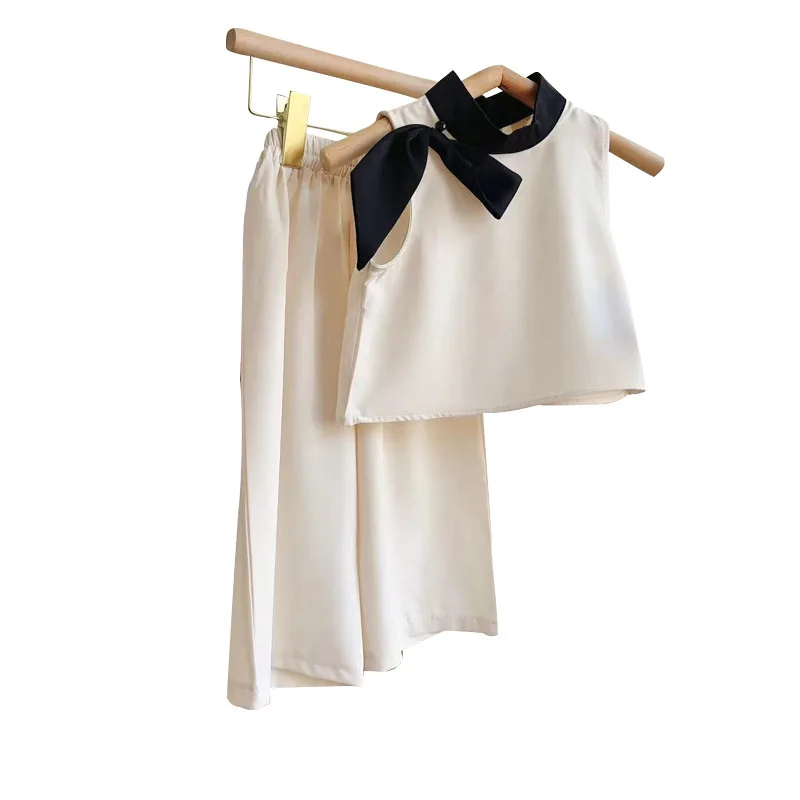 Girls Clothes Set Summer Sleeveless Bow Vest Shirt+Wide Leg Pants Princess Kids Clothing Suits Children Casual Sets 2-8Yrs