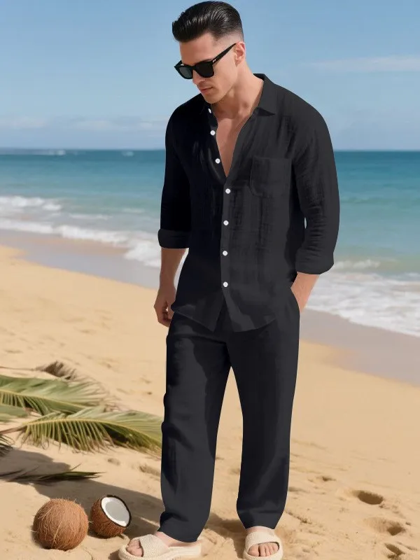 

Summer Men's Clothing Casual Loose Fit Linen Shirt And Long Pants Two Piece Set For Man Beach Wear Breathable Comfortable