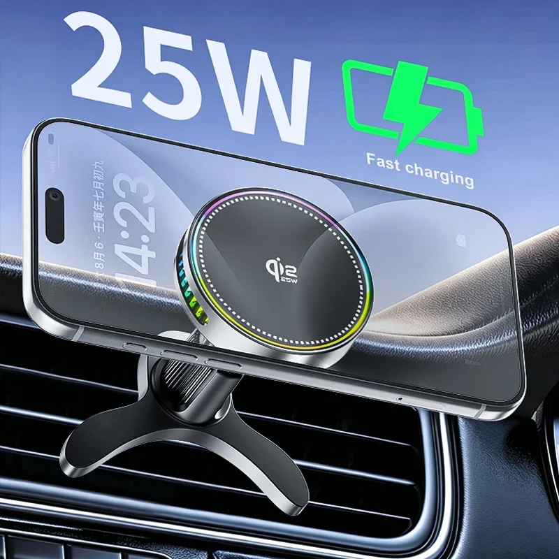Qi2 Magnetisches Kabelloses Autoladegerät 25W Schnellladestation für iPhone 1716 Pro MacSafe RGB Auto-Handyhalterung