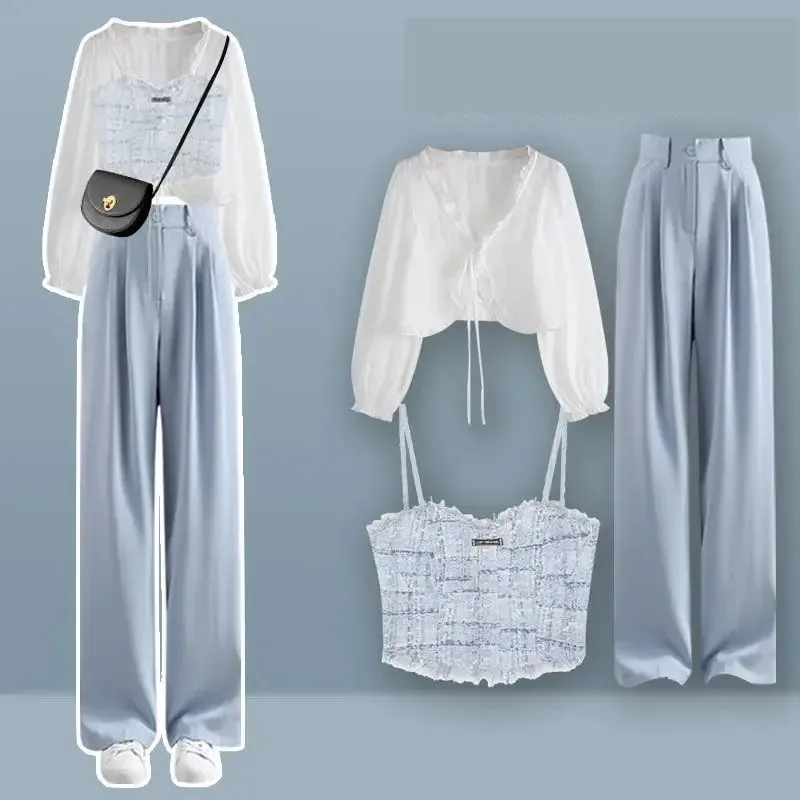 

Women's Spring/Summer New Fashion Chiffon Sunscreen Shirt+Strap+Suit Pants 3-piece 2025 Korean Elegant Sportswear Matching Set