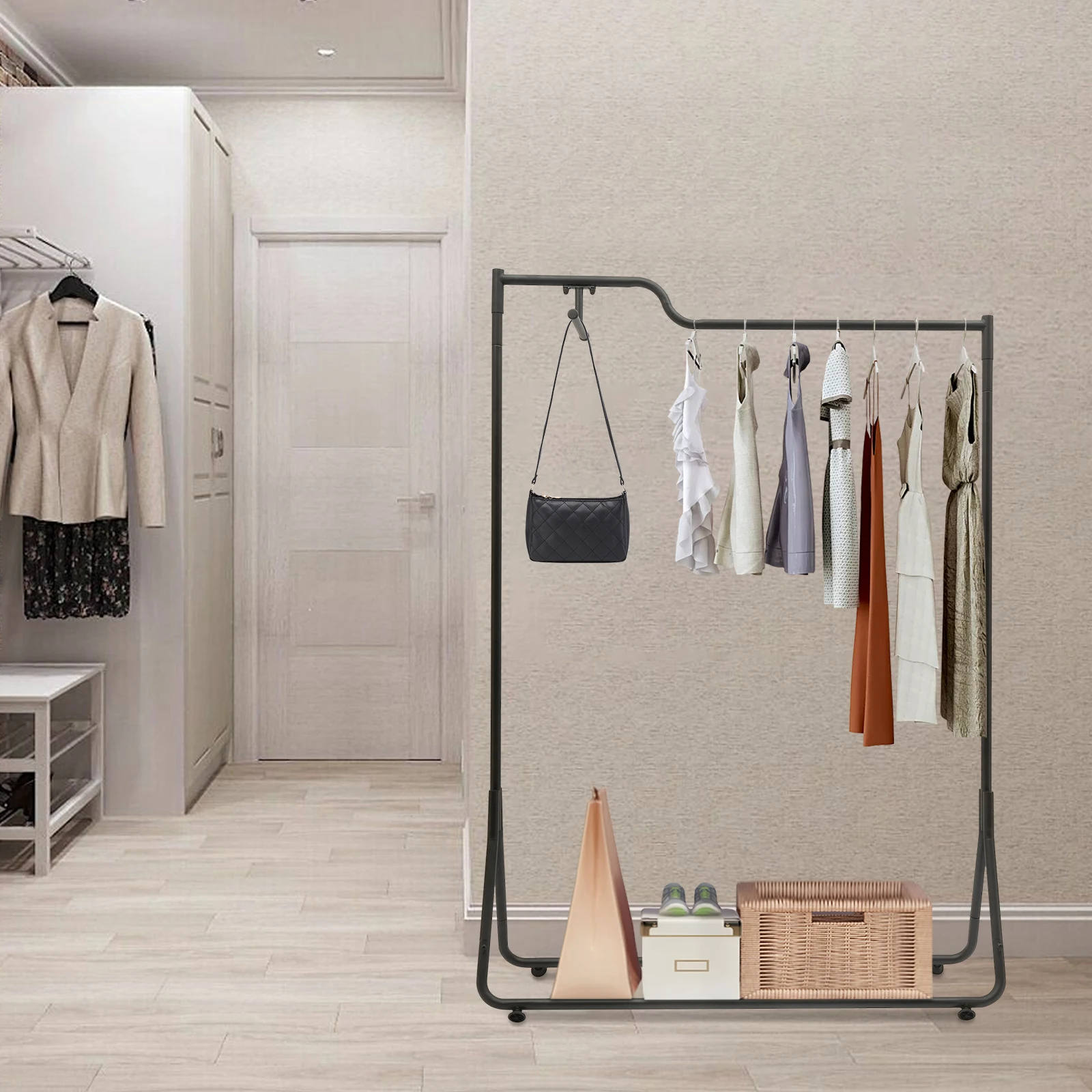 Garment Rack Clothing Rack Single Rod Modern Garment Display Stand Sturdy Black Iron Freestanding for Home Store