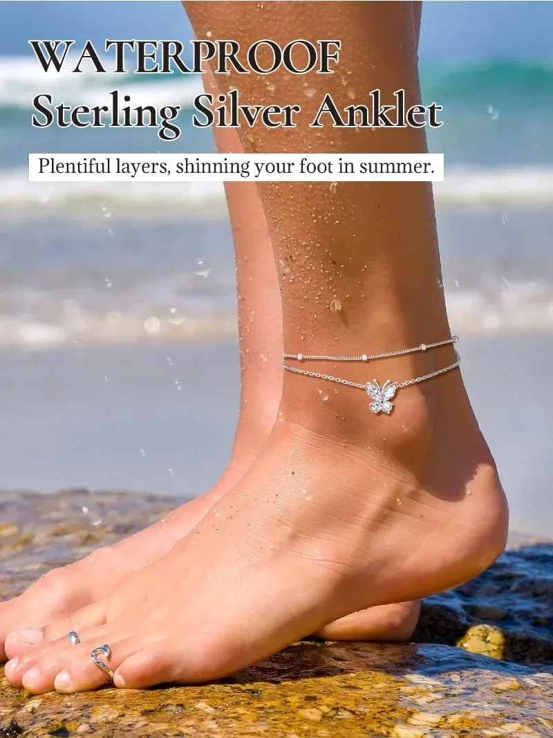 U7 925 Silver Birthstone Butterfly Anklets Bracelet for Woman 8.5\