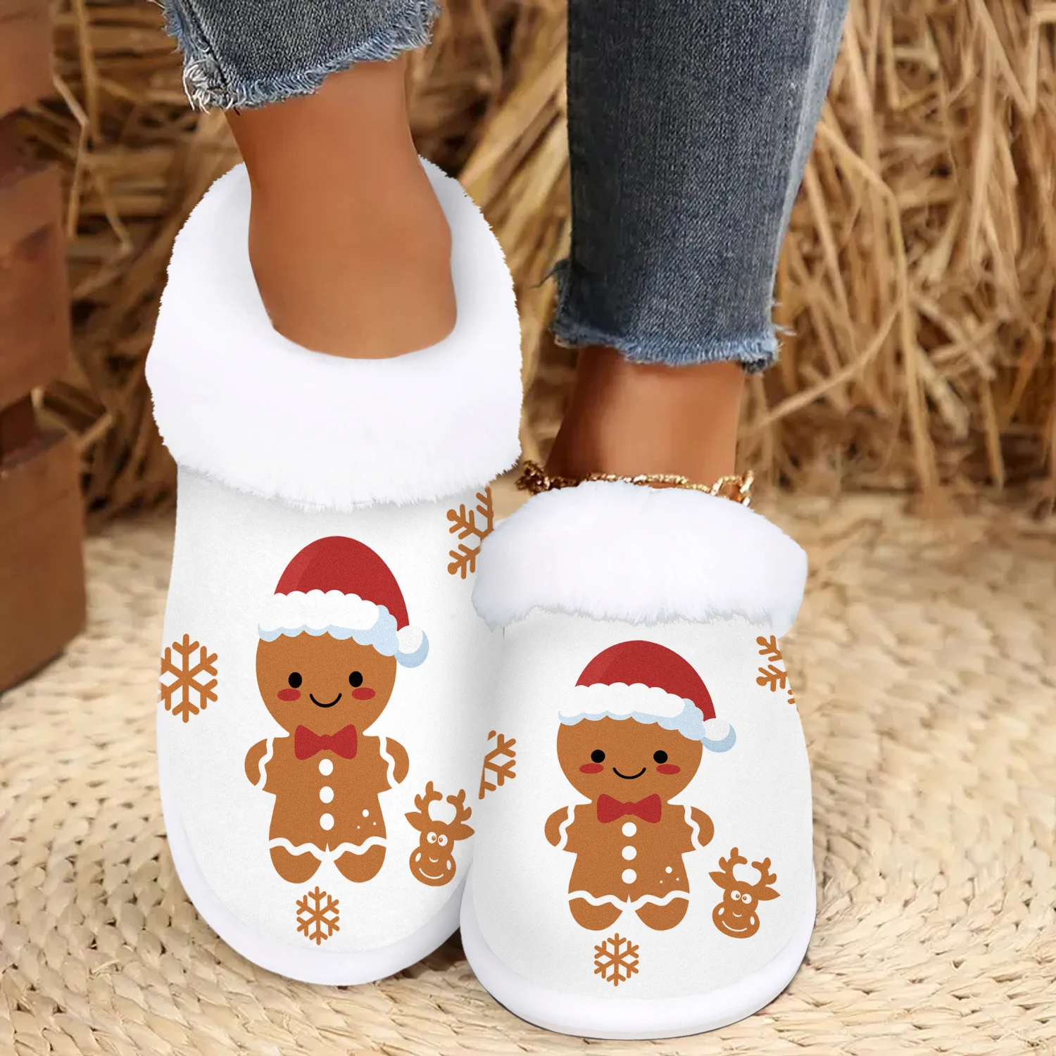 Christmas Gingerbread Man Slippers, Casual Style, Soft, Comfy Fuzzy Flannel House Shoes, Rubber Non-Slip Sole, Machine Washable