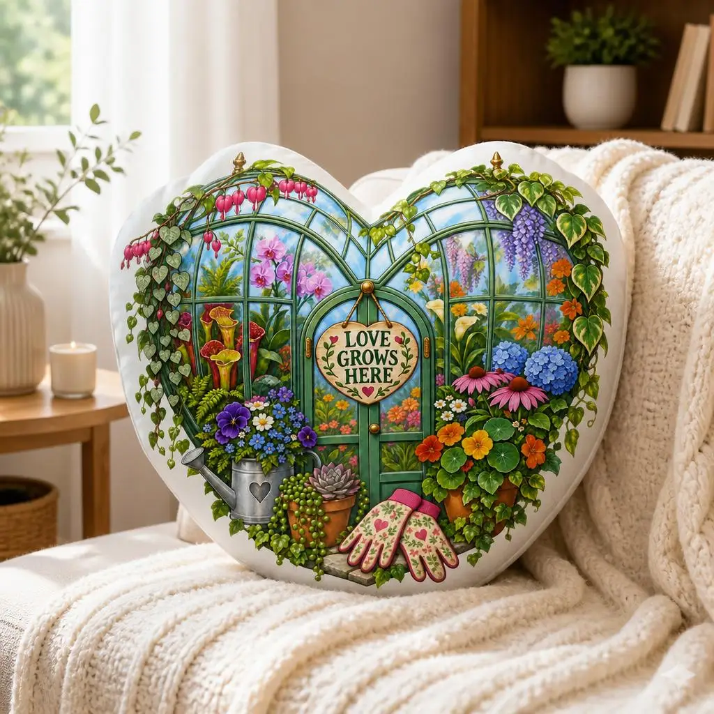 Love Grows Here Greenhouse Heart Shaped Throw Pillow Romantic Floral Garden Decor Stuffed Cushion Flower Lover Gardener Gift