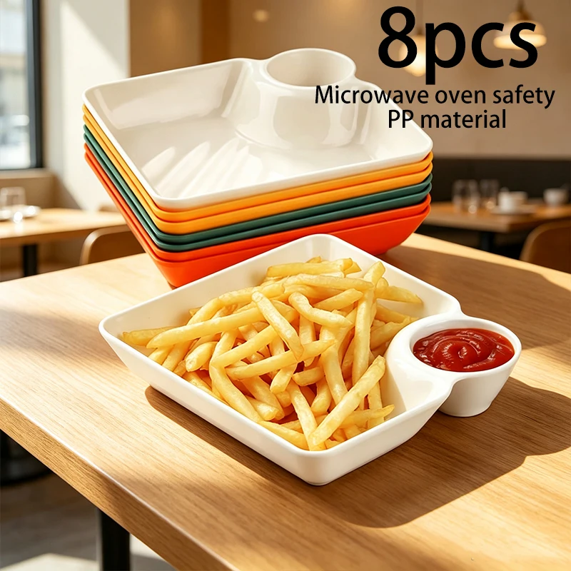 8pcs color tray with dip bowl, square jiaozi and French fries tray, safe microwave oven, suitable for family dining.