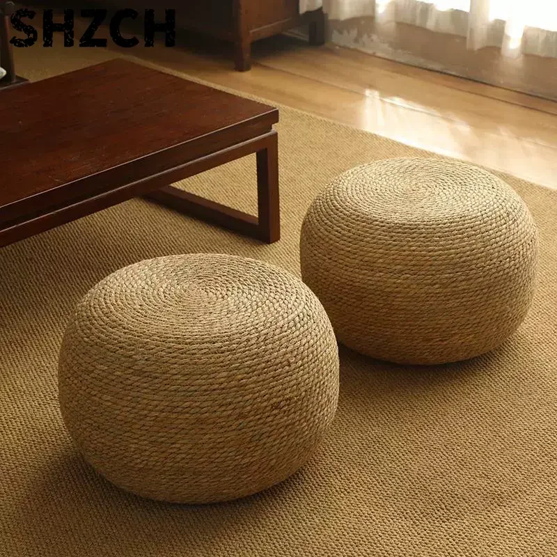 Natural Water Grass Pouf Ottoman Briaded Round Boho Pouf Ottoman Foot Rest Poofs Decor for Bedroom Living Room