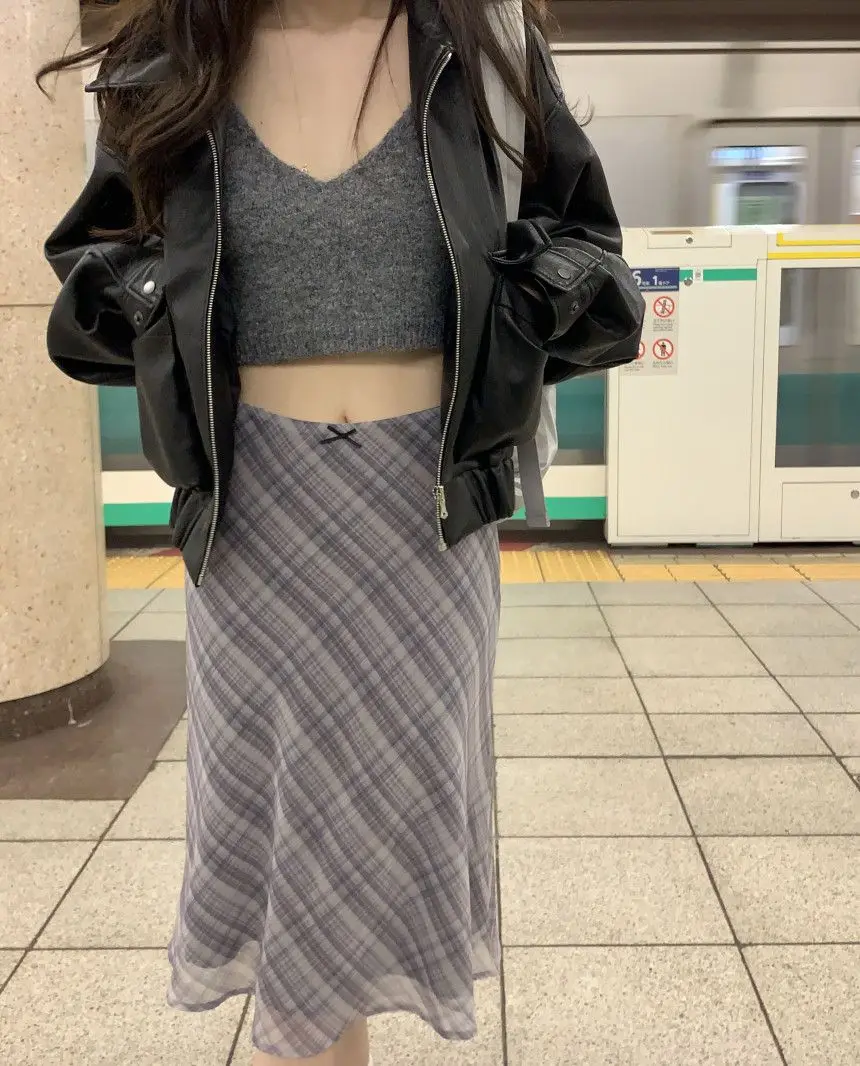 Tonngirls Y2k Vintage Plaid Skirt Women A-line Knee-length Summer 2000s Korean Fashion Harajuku Bottom Ladies Skirts Fairycore