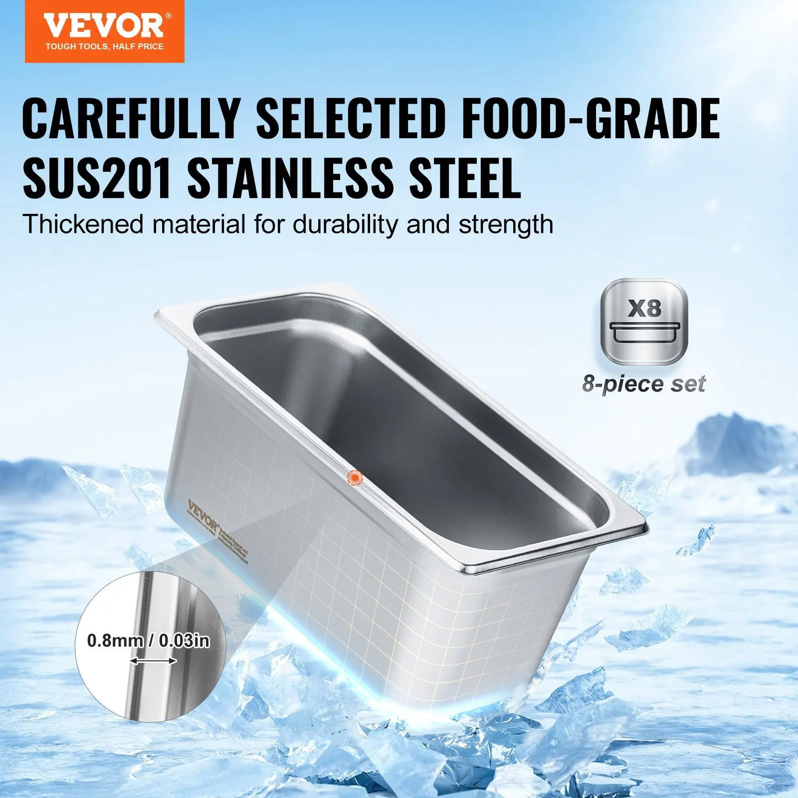 8 Pack Hotel Pans, 1/3 Size Anti-Jam Steam Pan with Lid, 0.8mm Thick Stainless Steel Steam Table Pan