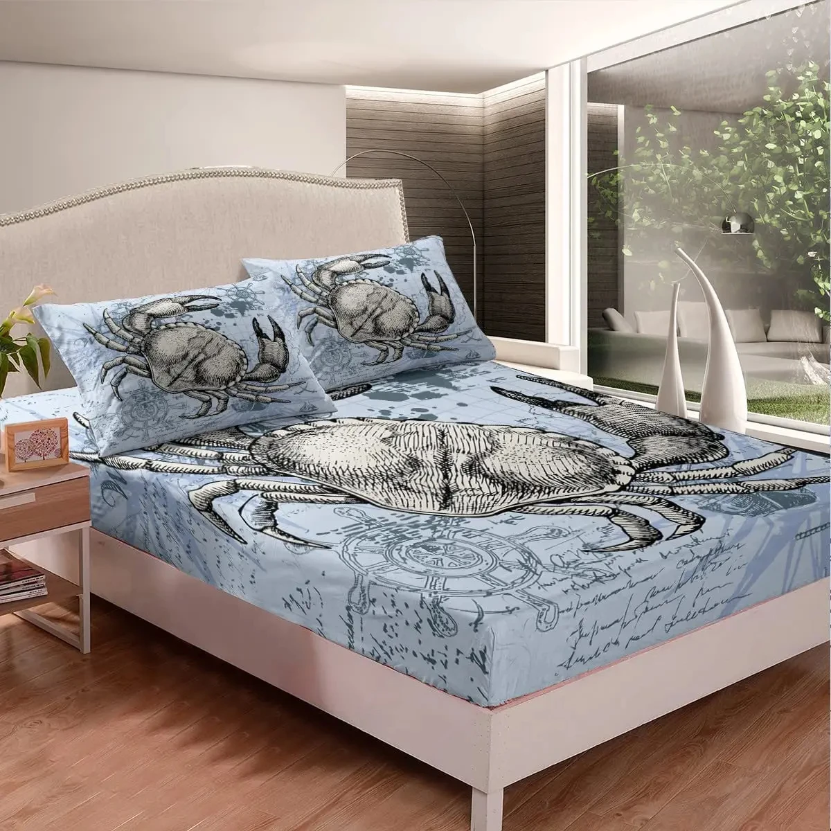 Ocean Crab Fitted Sheet Twin Queen Nautical Sea Animal Bed Sheets Set Marine Life Sheet Set Underwater Animal Deep Pocket Sheet