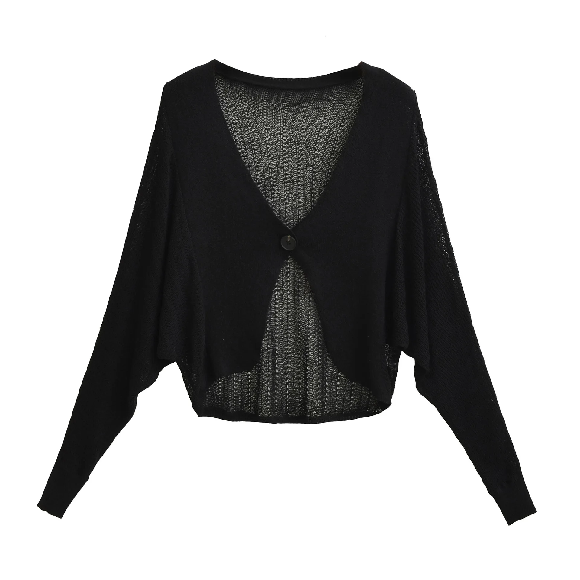 

Linen Sun Protection Cardigan V-neck Hollow Thin Batwing Sleeve Loose Slimming Outerwear Single Button Knitted Small Jacket TSYB