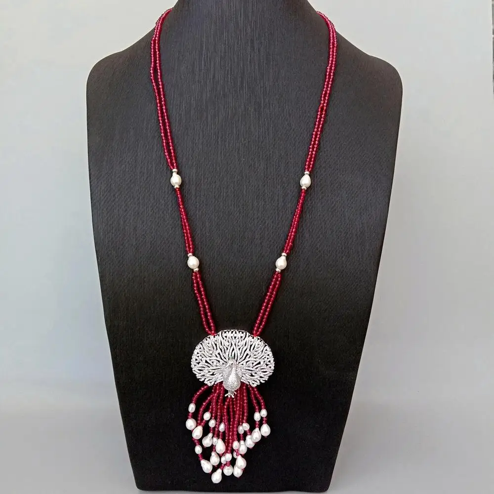 

Y.YING Freshwater Cultured White Keshi Pearl Red Crystal Handmade Necklace Cz Pave Peacock Pendant 29"