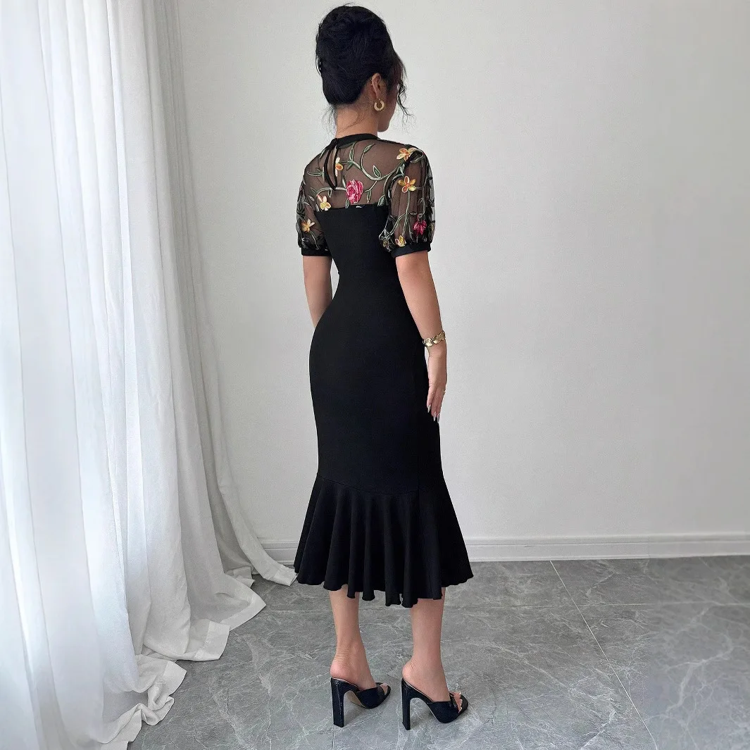 2026 Lace Splicing Short-sleeved Elegant Hem Waisted Asymmetrical Mid-length Dress Women's Waisted Holiday Beach All-match Dress