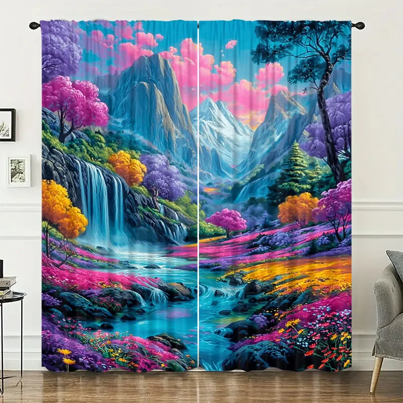 Colorful mountain landscape curtains, installed using pocket rod method, suitable for bedrooms living rooms balconies decoration