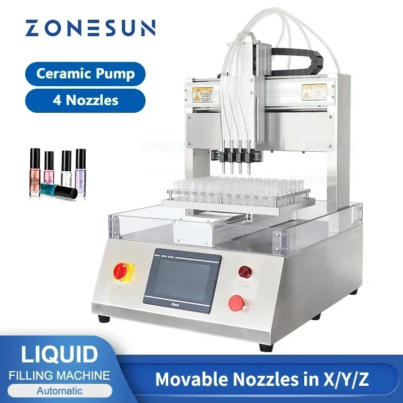 ZONESUN ZS-XYZ4 3-Axis 4 Heads Ceramic Plunger Pump Automatic Micro Liquid Filling Machine for Small Vial Reagent Tube Lab