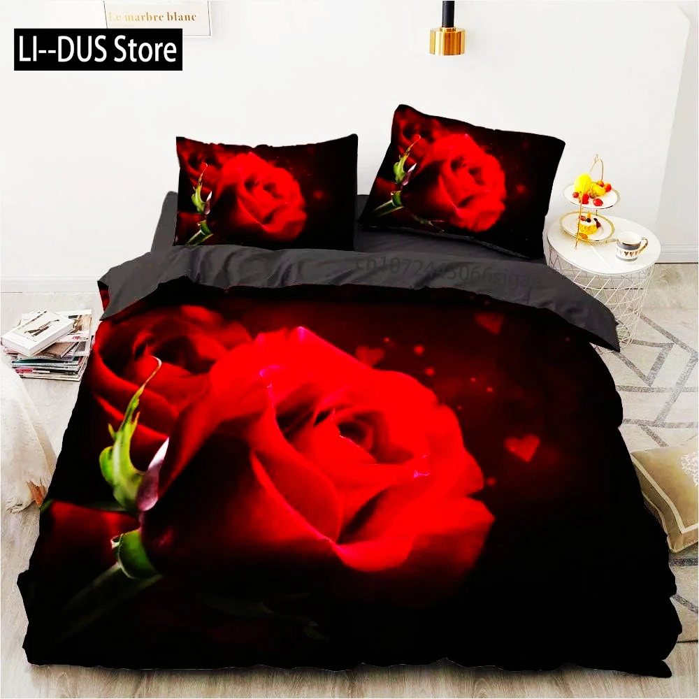 3D Print Red Rose Bedding Set Romantic Rose Pattern Duvet Cover Wedding Gifts Bedroom Decoration Adults Europe Bed Set King Siz