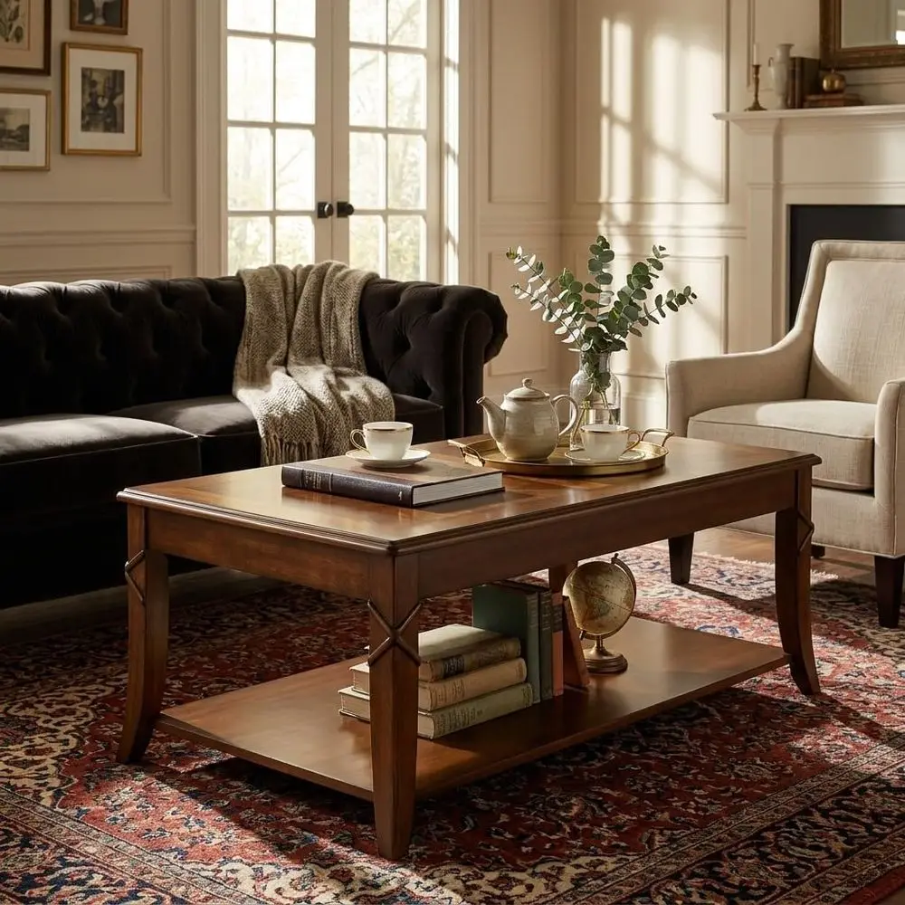 

Solid Wood Coffee Table with Storage Shelf, Vintage Living Room Table, Carved Wood Top & Legs, 43.3 Splicing Cocktail Table, Eas