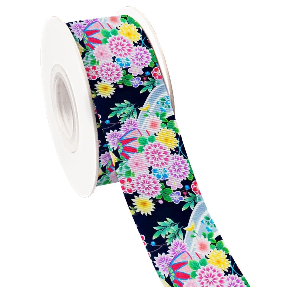 Japan Style Flower Charry Blossom 5 Yards Printed Grosgrain Ribbon for Cheer Bows DIY Girl Headwear Hair Bows Satin Ribbon