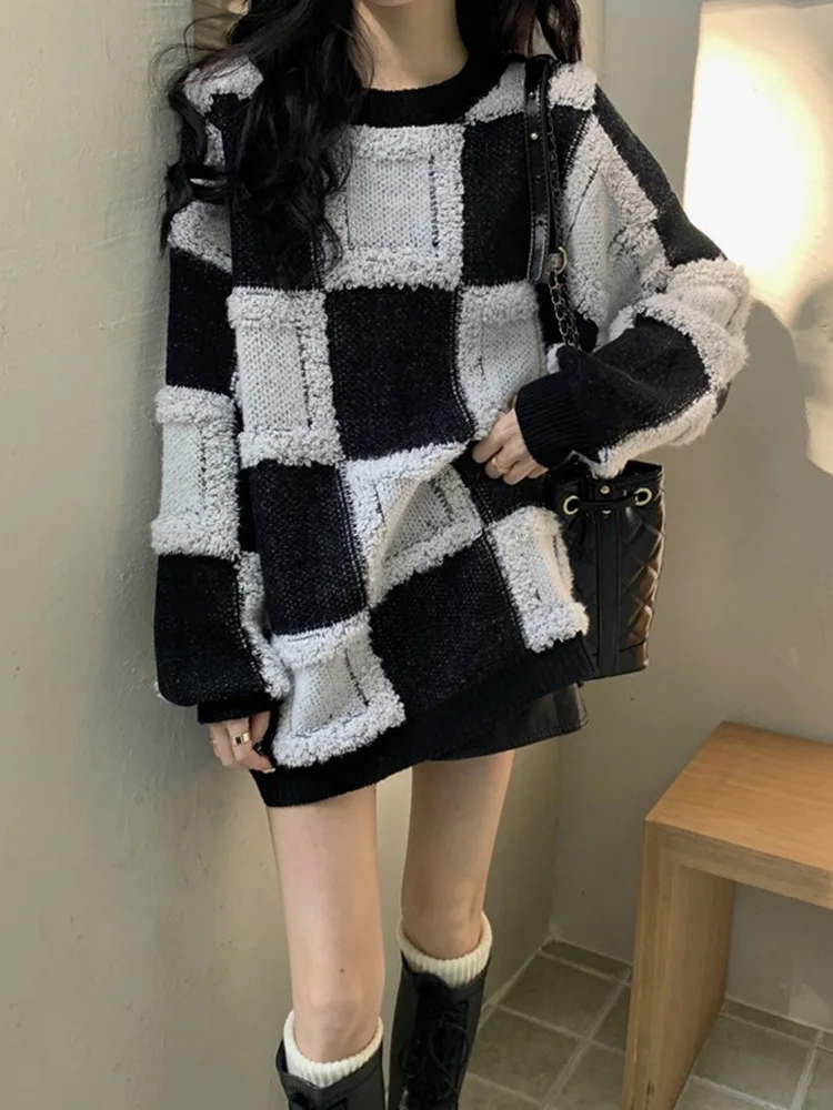 Women's Clothing Color block plaid loose long knitted sweater 0118