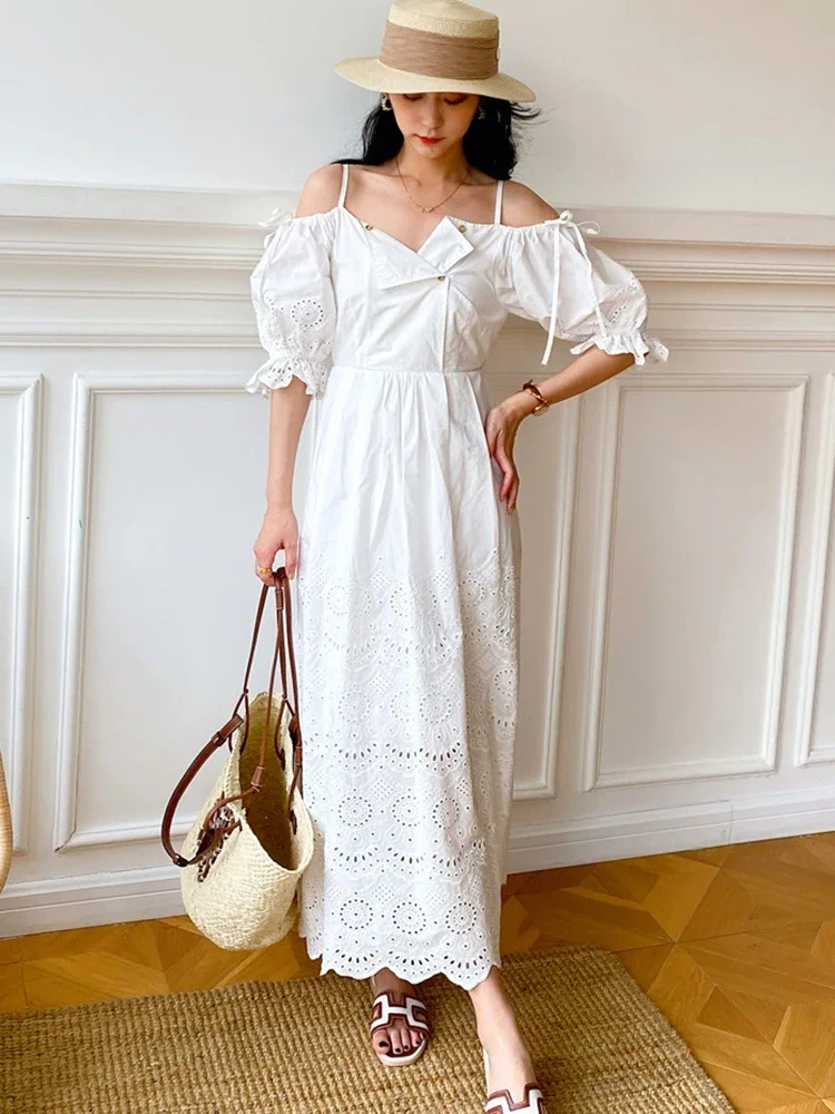 GypsyLady Embroidery Elegant Chic Midi Dress Off The Shoulder White 100%Cotton White Hollow Out Summer Women Ladies Dresses New