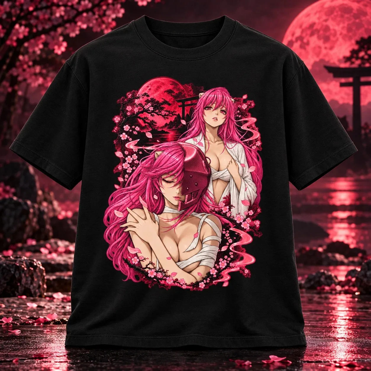 Classic Art Lucy Elfen Lied Anime Red Moon Cherry Blossom Graphic T-Shirt Cotton Men Women Streetwear Tee