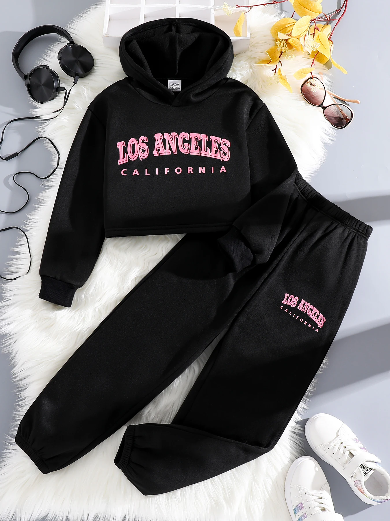 2-piece girls spring and fall fashion children\'s trend set black letter-printed hoodie black comfortable sports slim pants