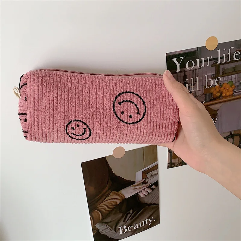 Cute Smile Corduroy Travel Cosmetic Lipstick Purse Storage Bag Kawaii Makeup Handbags Organizer Wallet Pouch Pencil Case Pen Bag