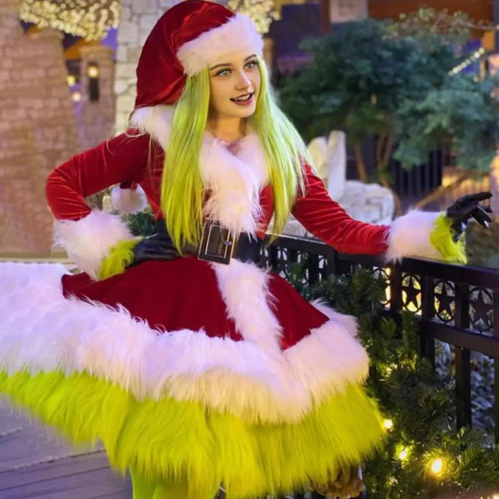 Conjunto de trajes y sombrero de señora Claus, disfraz de Papá Noel peludo de terciopelo, vestido de Navidad para mujer, ropa de señora Claus para fiesta de Navidad, Cosplay