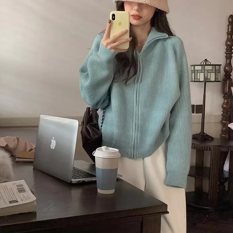 

Autumn Sweater Women Retro Korean Flavor Y2k Elegant Tops Korean Zip-up Knit Cardigan Loose Thickened Outerwear Streetwear