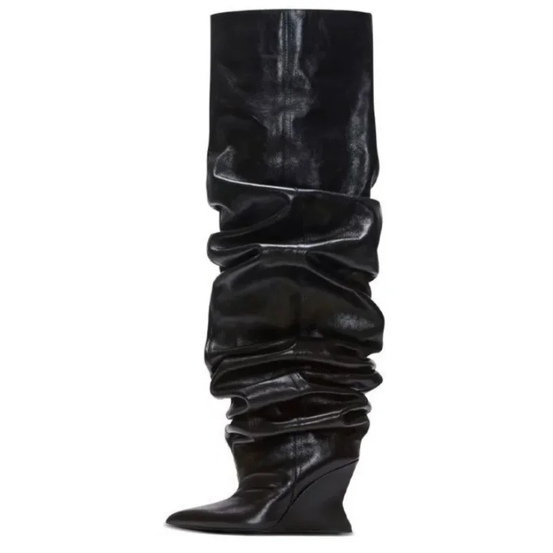 

Fashion Exclusive Pleated Women's Above The Knee Boots Pointed Toe Wedges Female Modern Boots Sexy Big Size Ladies Long Boots