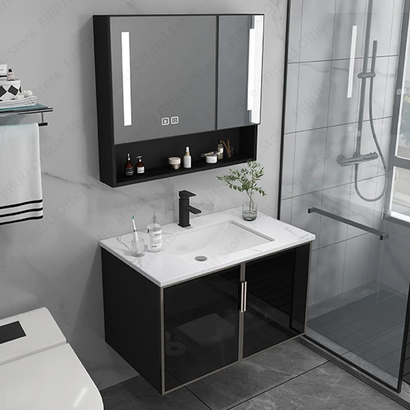 Modern Multifunctional Bathroom Vanity Mirror Cabinet With White Countertop Integrated Artistic Ceramic Sink Bathroom Furniture