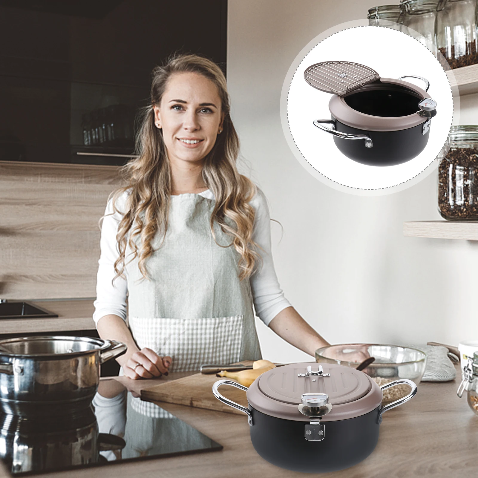 

Fryer Pot with Lid Oil Filter Rack Drain Stand Japanese Style Deep Frying Pan Gas Electric Stove Compatible Detachable