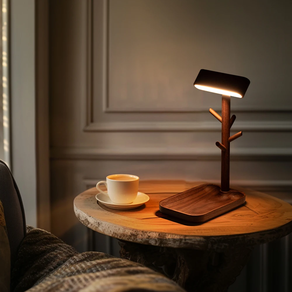 Imagem -06 - Nordic Wood Led Desk Lamp Bandeja de Armazenamento de Ramos Lâmpada de Mesa de Noz Preta Regulável Rotação de 360 ° Prateleira de Armazenamento de Jóias para Quarto