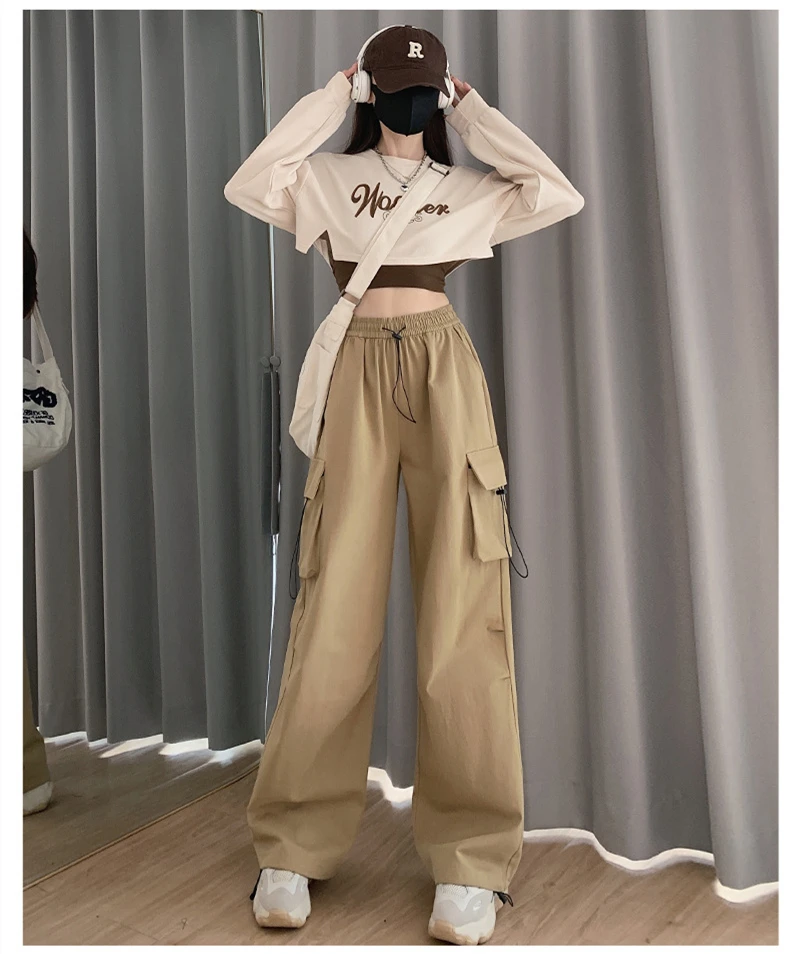 

new spring autumn stretch waist safari style brand female women girls wide leg pants