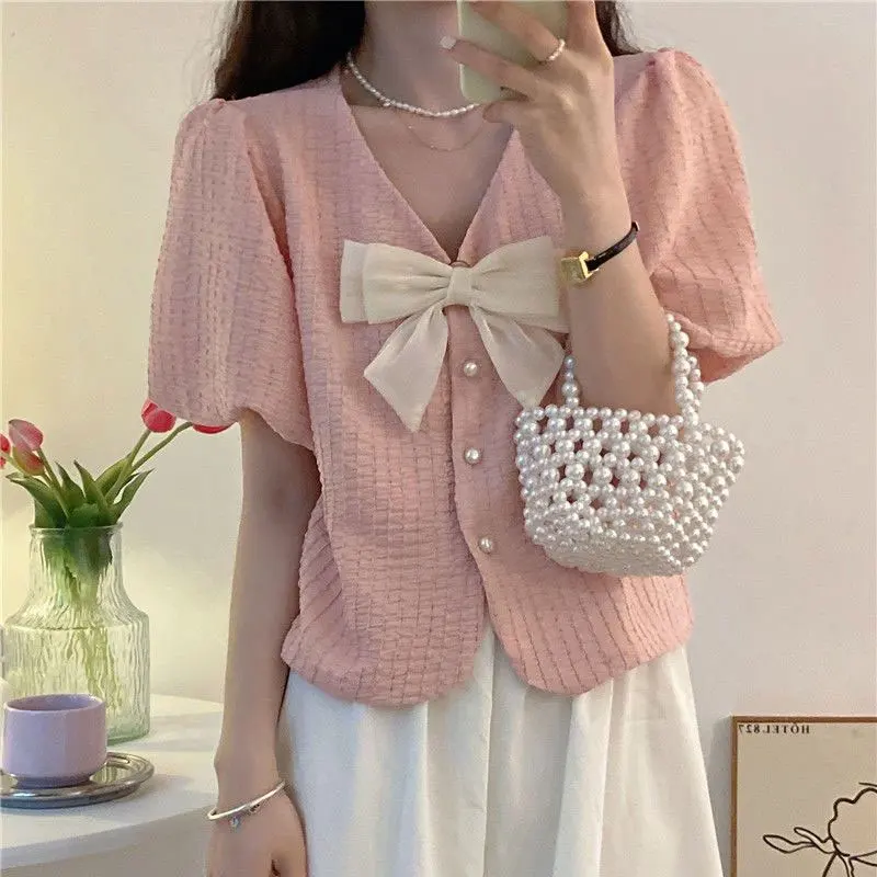 Korean Sweet V-Neck Bow Shirt Women\'s Clothing Elegant Single-breasted Summer Solid Color Casual Basic Short Sleeve Loose Blouse