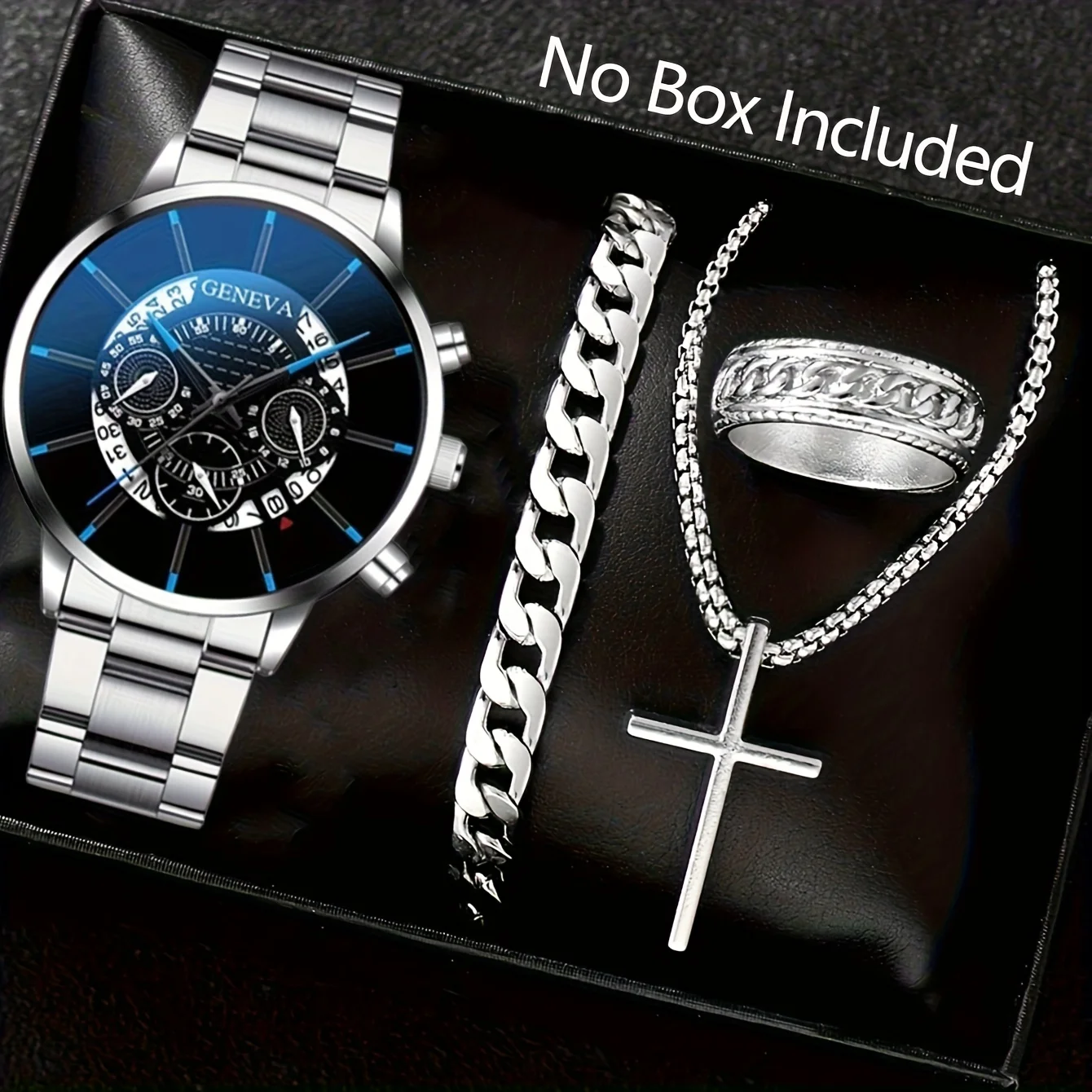 مجموعة واحدة من ساعة كوارتز رجالية من Fashion Elite تتضمن أساور القلائد المطابقة توقيت دقيق وإكسسوارات الهيب هوب العصرية