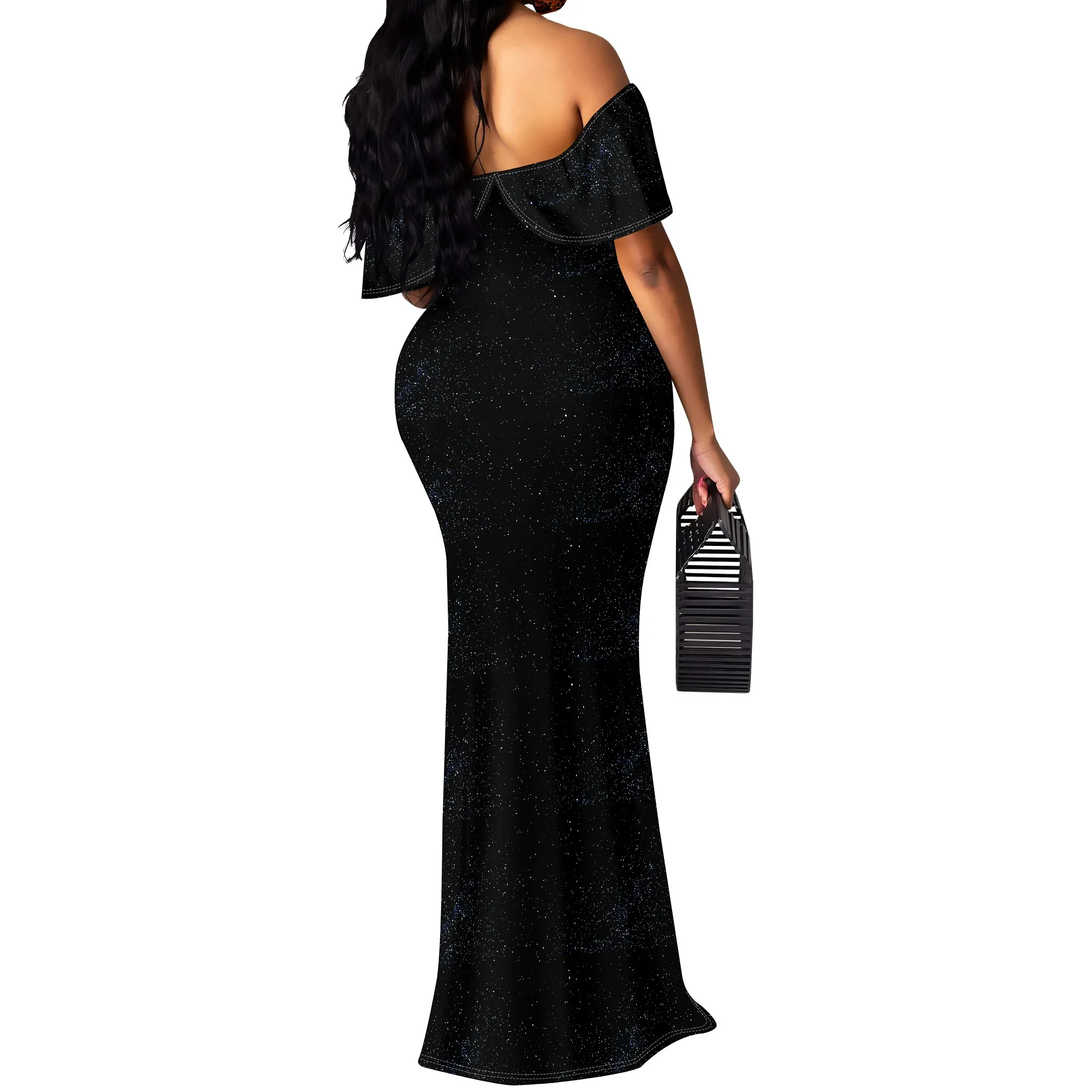 Black Culture Off-Shoulder Glitter Maxi Dress Plus Size Women's Evening Wear S-3XL for Party or Festival