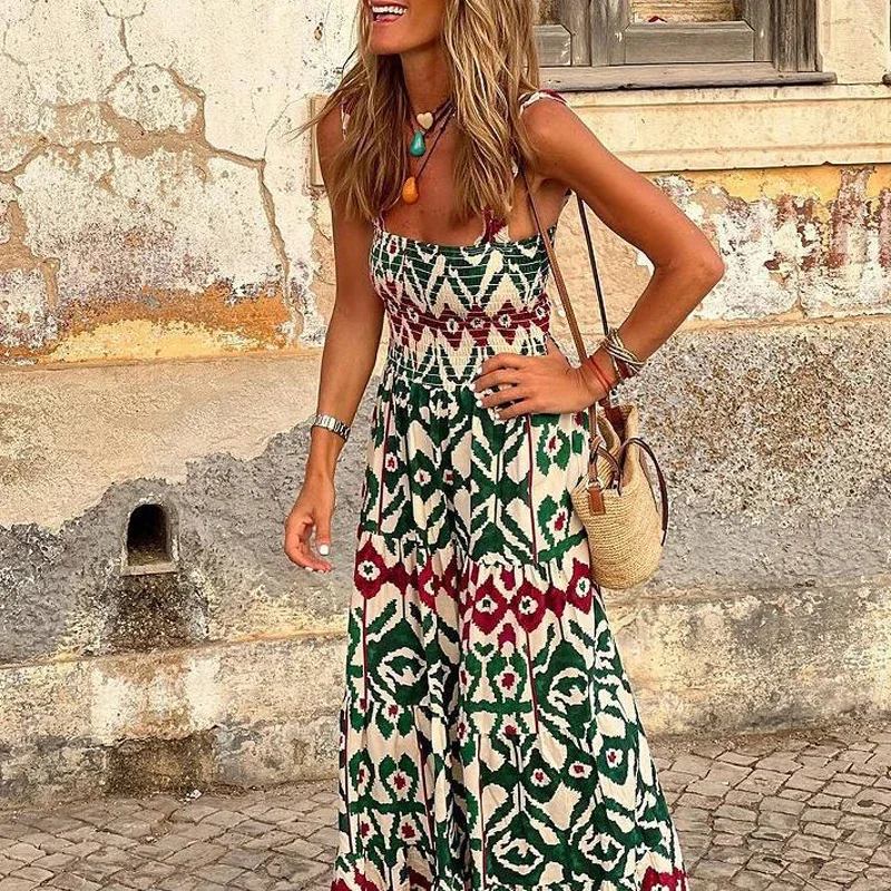 2024 Boho Print Women Sling Dress Casual Cool Loose Sleeveless Beach Long Dress Summer Fashion New Printing Party Female Dresses