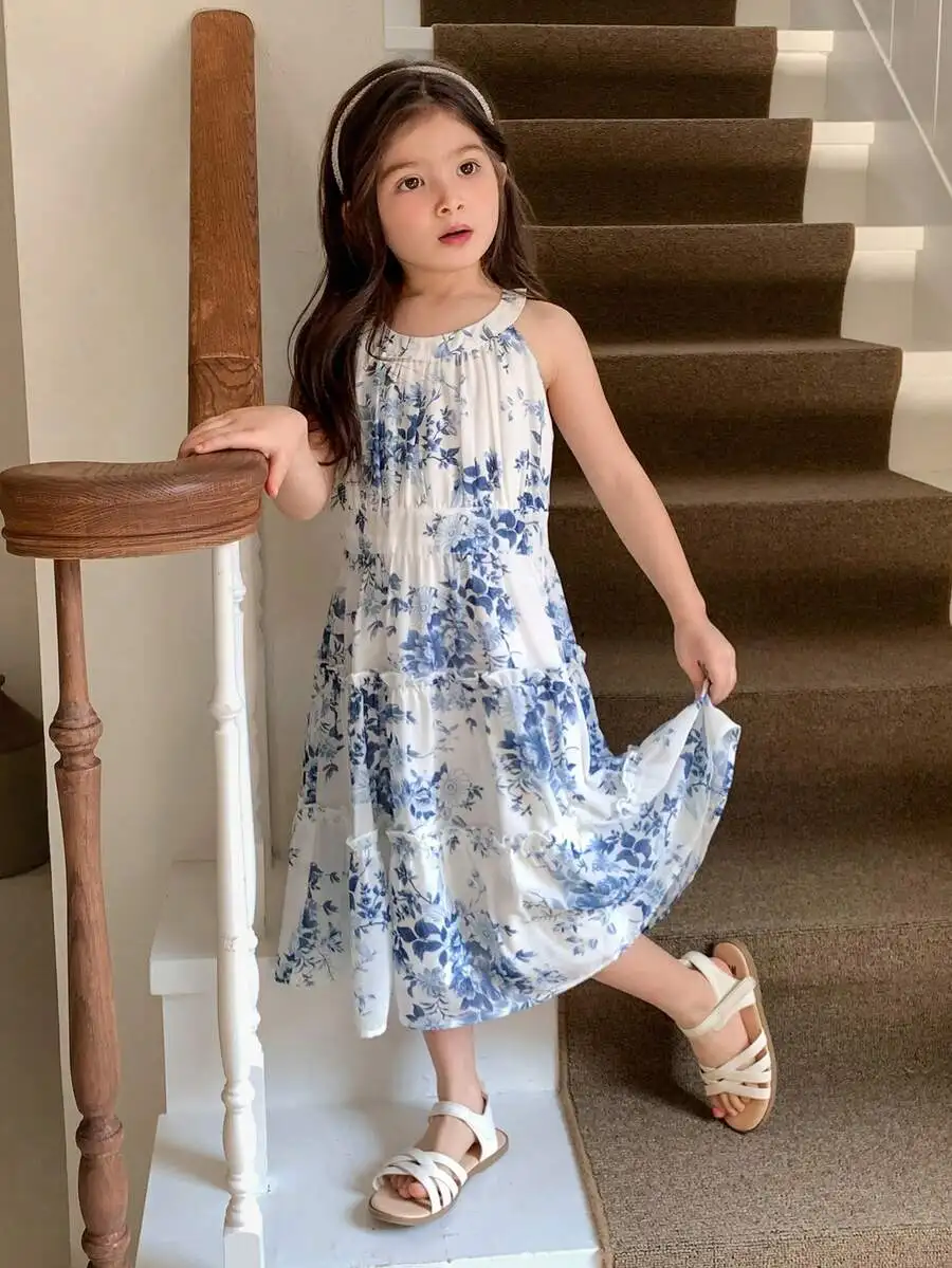 

Floral Print Frill Tiered Hem Halter Neck Dress Summer Vacation Style