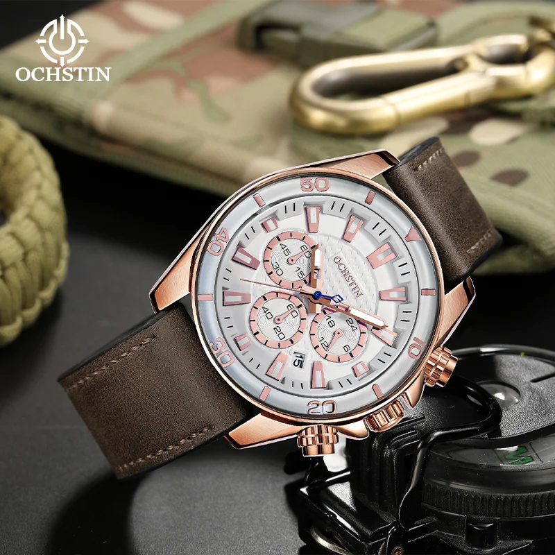 OCHSTIN Waterproof Clock Luxury Men's Quartz Watches Genuine Leather Strap Man Luminous Hand Wristwatch Navigator Series Watch