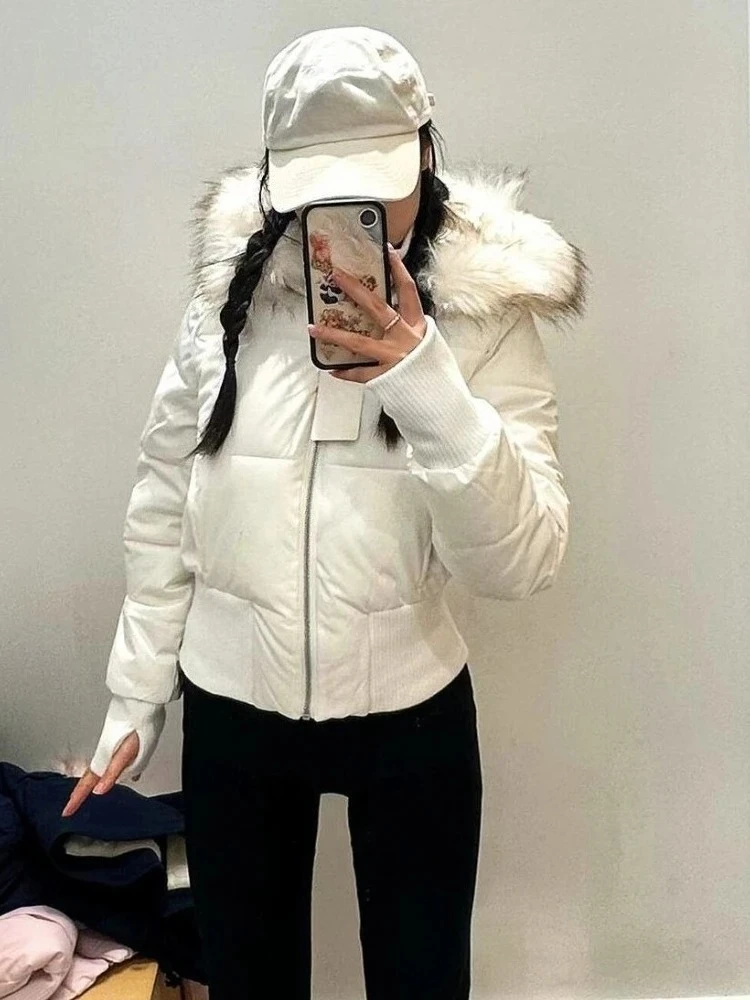 

Winter Korean Vintage Short Zipper Padded Coat Women Aesthetic Design Long Sleeve Fur Collar Outerwear Casual Retro Slim Jacket