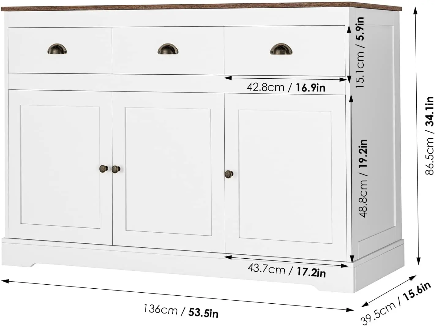 Keyluv Weißer Buffetschrank mit Stauraum, Sideboard, Bauernhaus, Server, Bar, Weinschrank mit 3 Schubladen und 3 Türen, verstellbaren Regalen