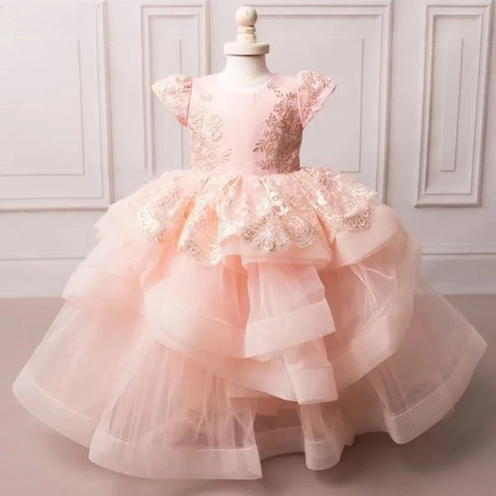 

Flower Girl Dresses Pink Lovely Baby Lace Puffy Bow Princess Wedding Performance Kids Clothing Gift First Communion Birthday