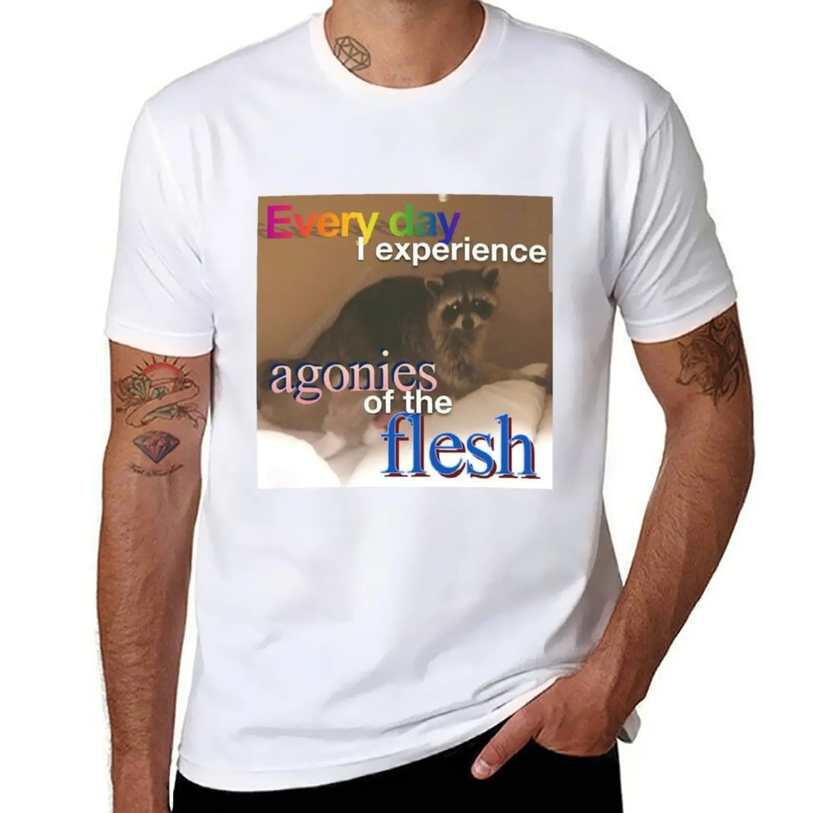 

Racoon Meme: Every Day I Experience Agonies of the Flesh T-Shirt man t shirt cotton high quality man t shirts for men T-Shirt