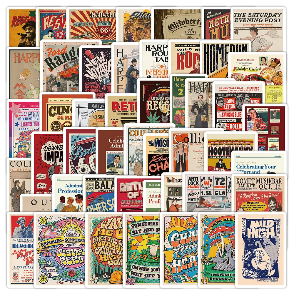 

10/50PCS American Retro Style Poster Graffiti Decorative Guitar Water Cup Computer Mobile Phone Case Waterproof Sticker Kids Toy