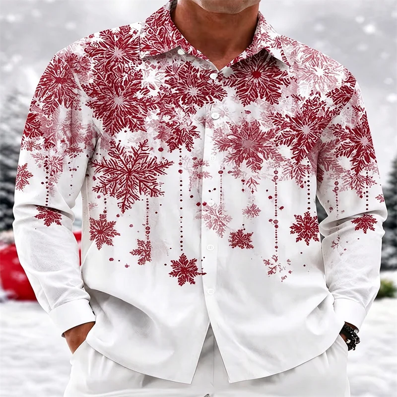 Men Christmas Long Sleeve Shirt Red Gold Snowflake Print Turn Down Collar Button Up Shirts Casual Xmas Holiday Party Tops For Ma