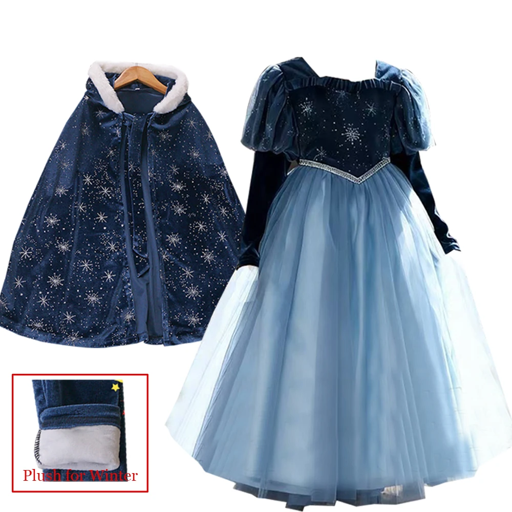 

Spring/Autumn Disney Princess Elsa Flush Lined Costume Baby Girl Cosplay Party Dress Cloak Navy Blue Velvet Mesh Birthday Gown
