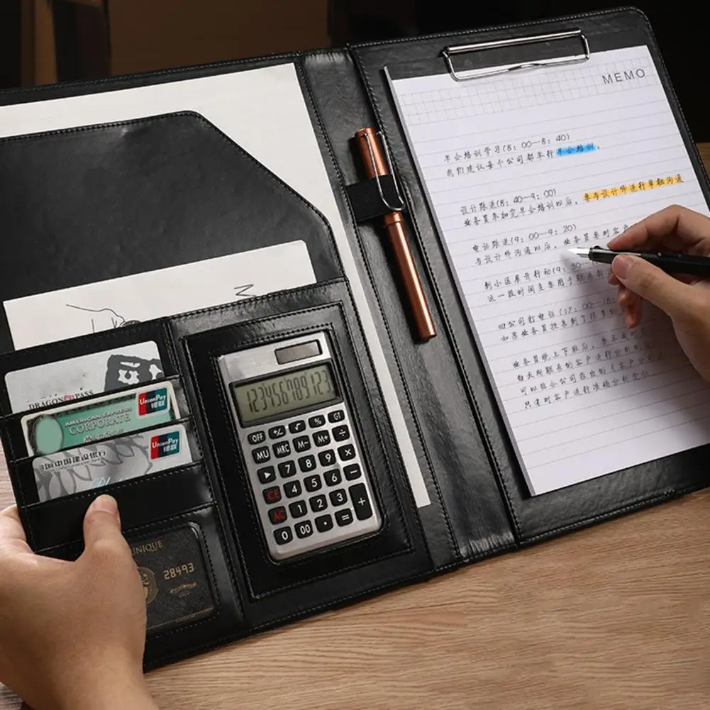 33.5*24.5 سنتيمتر مجلد ملفات A4 وثيقة الحافظة مجلد مع آلة حاسبة القلم فتحة حامل بطاقة محفظة مع كليب مكتب الأعمال