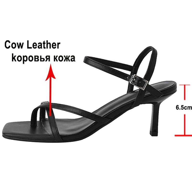 Meotina Shoes Women Genuine Leather Sandals Thin Heel Sandals High Heels Buckle Square Toe Ladies Footwear Summer Beige Black 39